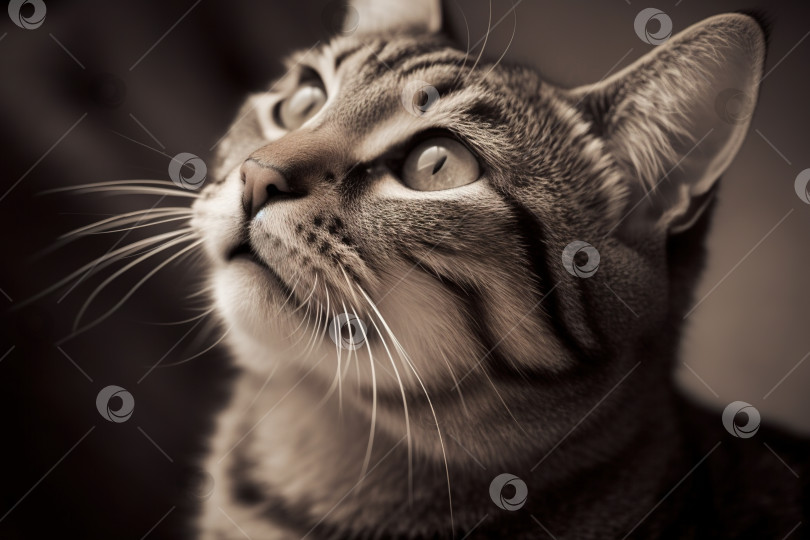 Скачать Портрет милой кошки, пристально смотрящей на него. Красивый котенок, смотрящий вглубь. Сгенерированный искусственный интеллект. фотосток Ozero