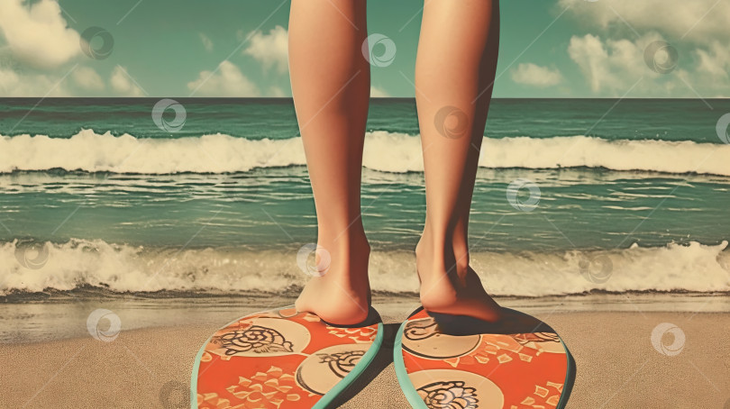 Скачать Сандалии-шлепанцы на песчаном пляже в ностальгическом карточном стиле. Ретро-открытка для отпуска с тапочками на побережье. Сгенерированный искусственный интеллект. фотосток Ozero