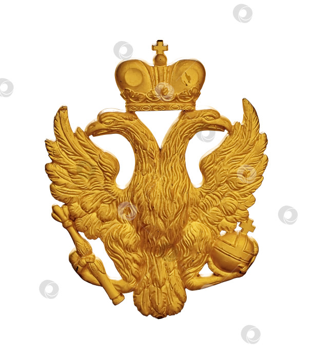 Скачать Золотой двуглавый коронованный орел, выделенный на белом фоне. Элемент дизайна с контуром отсечения фотосток Ozero