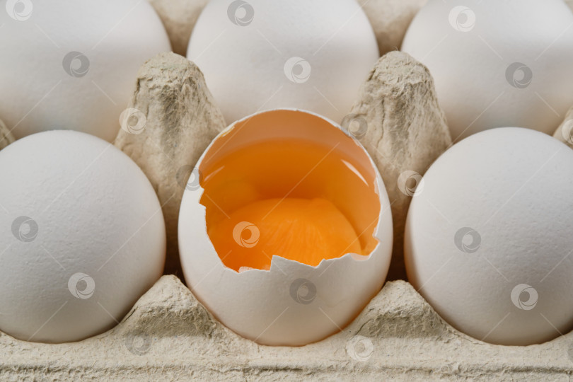 Скачать Выложите в ряд целые белые яйца и разбитое яйцо с желтком. фотосток Ozero