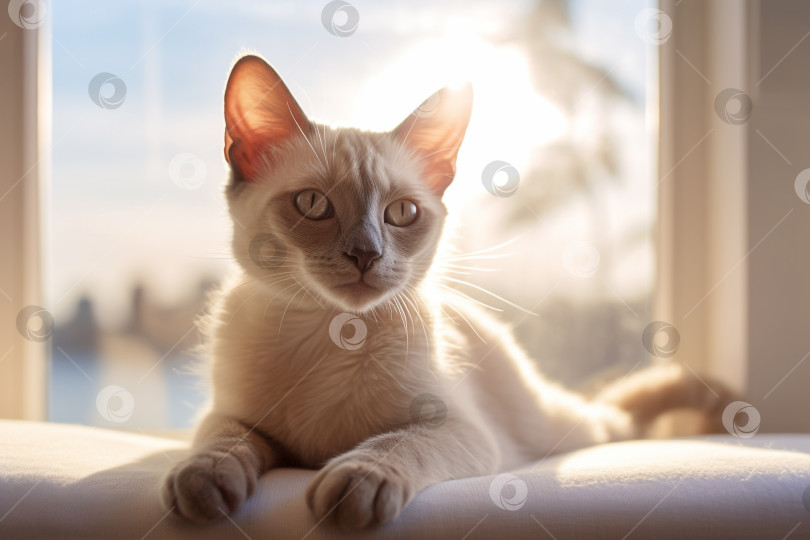 Скачать Сиамский котенок лежит на диване в контровом освещении от окна фотосток Ozero