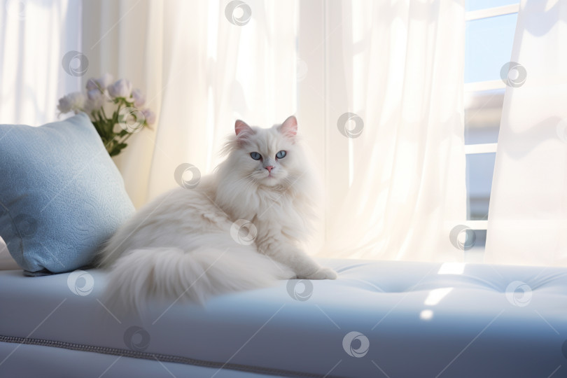 Скачать Большой пушистый кот лежит на диване и смотрит на вас. фотосток Ozero