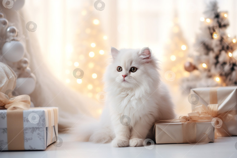 Скачать Белый котенок в новогоднем декоре с подарками фотосток Ozero