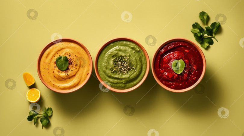 Скачать Фон из хумуса с пространством для копирования. Хумус из нута, авокадо и свеклы в мисках на цветном фоне. Средиземноморская закуска, концепция здорового вегетарианского питания. Различные соусы из хумуса, зеленый, красный, желтый перегной фотосток Ozero