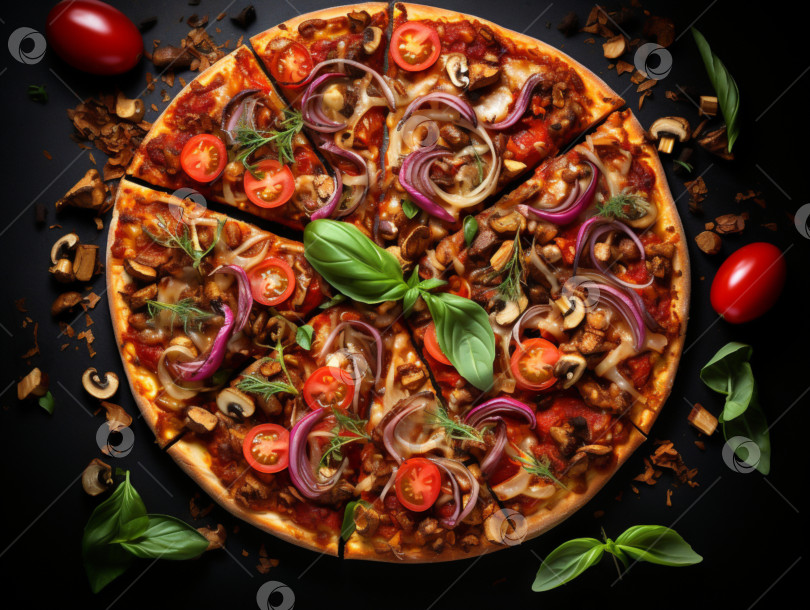 Скачать Веганская пицца, вид сверху, темный фон. Супер полезная вегетарианская пицца из цельнозерновой муки с грибами, веганским сыром, томатным соусом, красным луком, свежим базиликом и помидорами черри. Баннер с пиццей крупным планом фотосток Ozero