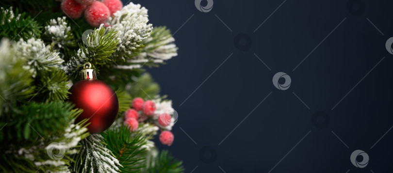 Скачать Рождественский баннер с красными шарами и еловыми ветками на синем фоне. Рождественская поздравительная открытка. фотосток Ozero