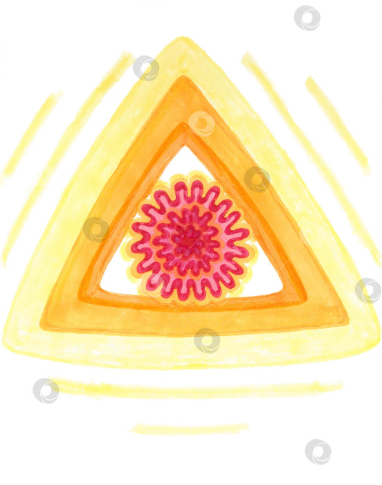 Скачать Треугольный элемент геометрического узора с изображением пушистого вируса, клетки или простейшего. Графический дизайн для необычного логотипа или кнопки. Солнечный этнический орнамент со стилизованным ботаническим или микробиологическим символом. фотосток Ozero