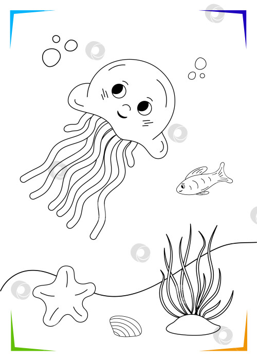 Скачать Черно-белая раскраска медузы, морской звезды, водорослей. Векторная иллюстрация подводных обитателей фотосток Ozero