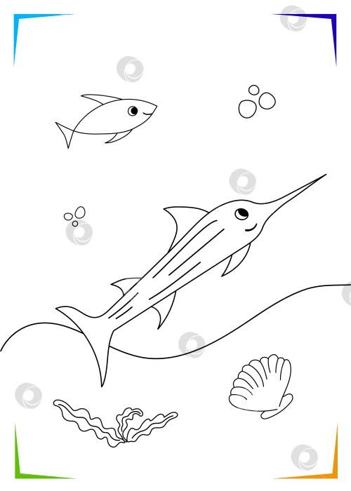 Скачать Черно-белая рыба-меч, раскраска из раковин морских водорослей. Векторная иллюстрация подводных обитателей. фотосток Ozero