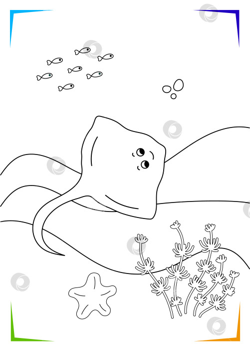 Скачать Черно-белая раскраска "Электрическая морская звезда-скат". Векторная иллюстрация подводных обитателей фотосток Ozero