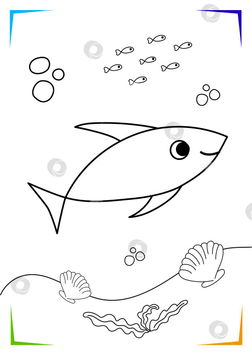 Скачать Черно-белая раскраска рыбы, ракушки, водоросли. Векторная иллюстрация морских подводных обитателей фотосток Ozero