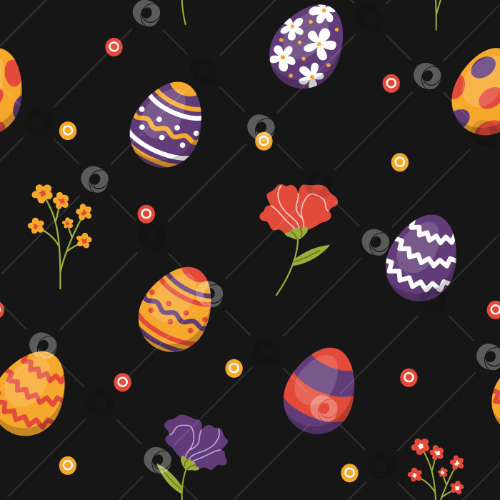 Скачать Векторный пасхальный бесшовный узор с яйцами и цветами. Пасхальные яйца на черном фоне. Цветочный узор. фотосток Ozero
