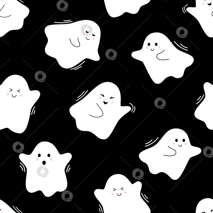 Скачать Векторный узор на Хэллоуин с милыми призраками. Летающие духи. Белые призраки на черном фоне. Нарисованные призраки. Бесшовный узор. фотосток Ozero