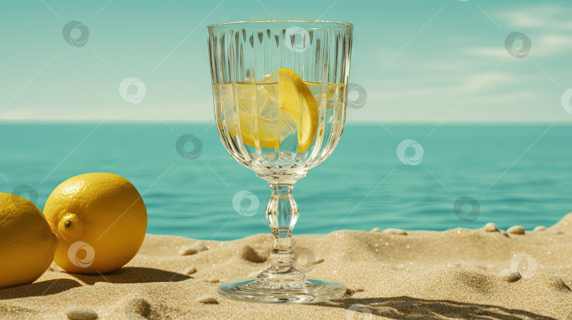 Скачать Стакан с лимонной водой на песке пляжа. Сцена отдыха со стаканом лимонада на берегу. Порождающий искусственный интеллект фотосток Ozero