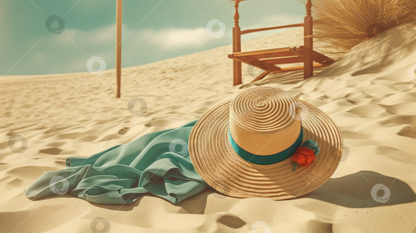 Скачать Шляпа и полотенце на песке пляжа. Сцена отдыха в соломенной шляпе на берегу. Генеративный искусственный интеллект. фотосток Ozero