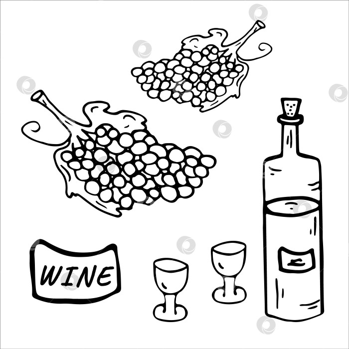 Скачать Вино, виноград, два бокала. Страница-раскраска. Векторная иллюстрация фотосток Ozero