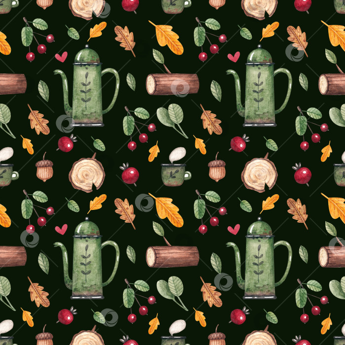 Скачать Бесшовный узор с чайником, чашкой, деревом, листьями и ягодами на зеленом фоне. фотосток Ozero