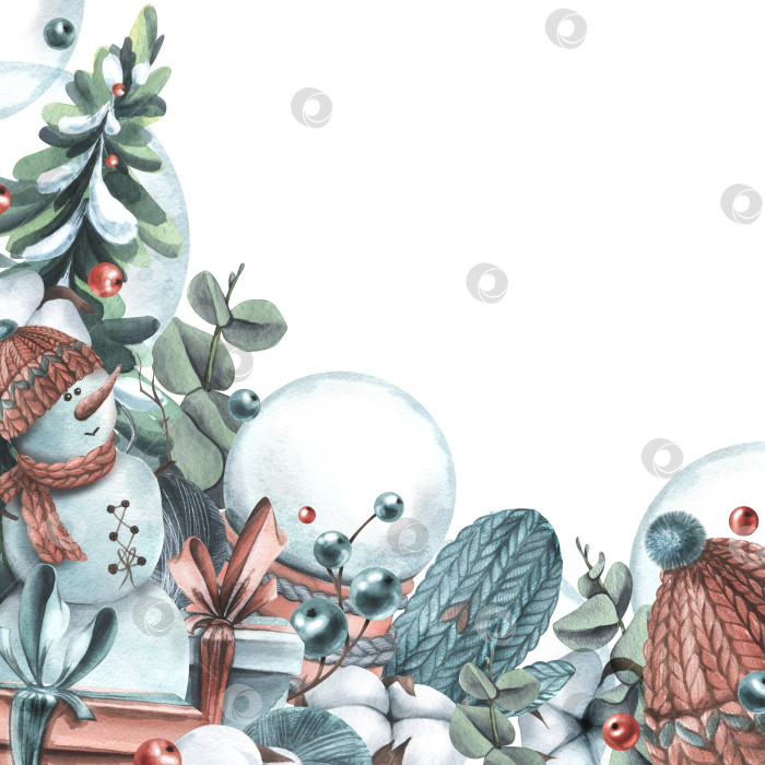Скачать Зима, Новый год, Рождественская каемка со снеговиком, вязаные вещи, хлопок, елочные шары, игрушки, подарки. Акварельная иллюстрация, нарисованная от руки, шаблон на белом фоне. фотосток Ozero