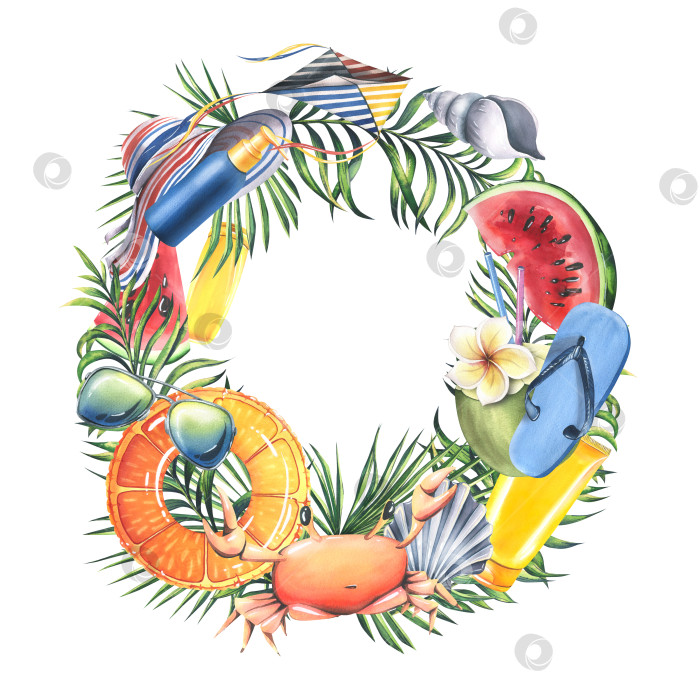 Скачать Надувные игрушки, фрукты, кремы, ракушки, листья тропических пальм. Акварельная иллюстрация, нарисованная от руки для открыток, плакатов, пляжа и лета. Пляжная рамка, венок на белом фоне. фотосток Ozero