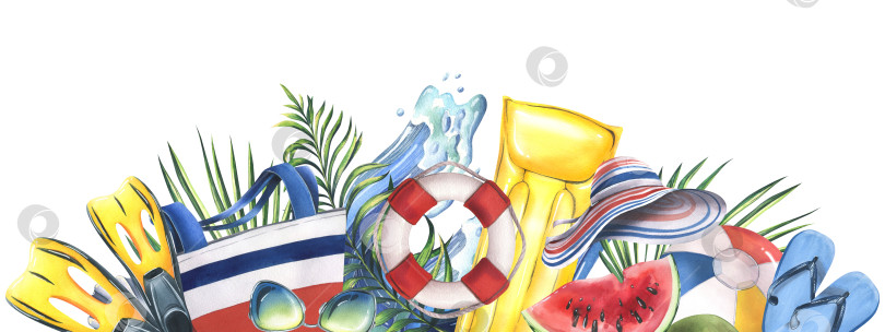 Скачать Пляжная сумка, надувные игрушки, фрукты, тропические пальмовые листья. Акварельная иллюстрация, нарисованная от руки для открыток, плакатов, пляжа и лета. Шаблон пляжа на белом фоне. фотосток Ozero
