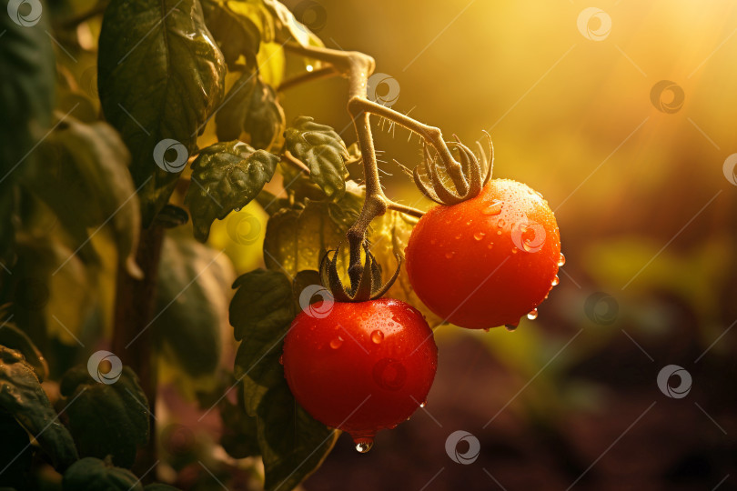 Скачать Красные помидоры на ветке в огороде после дождя фотосток Ozero