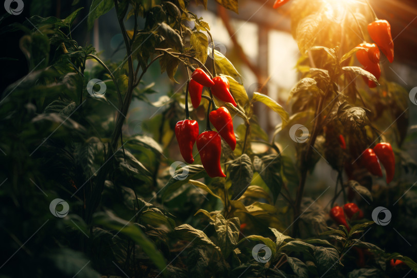Скачать Красные перцы чили на ветках в теплице в лучах закатного солнца фотосток Ozero