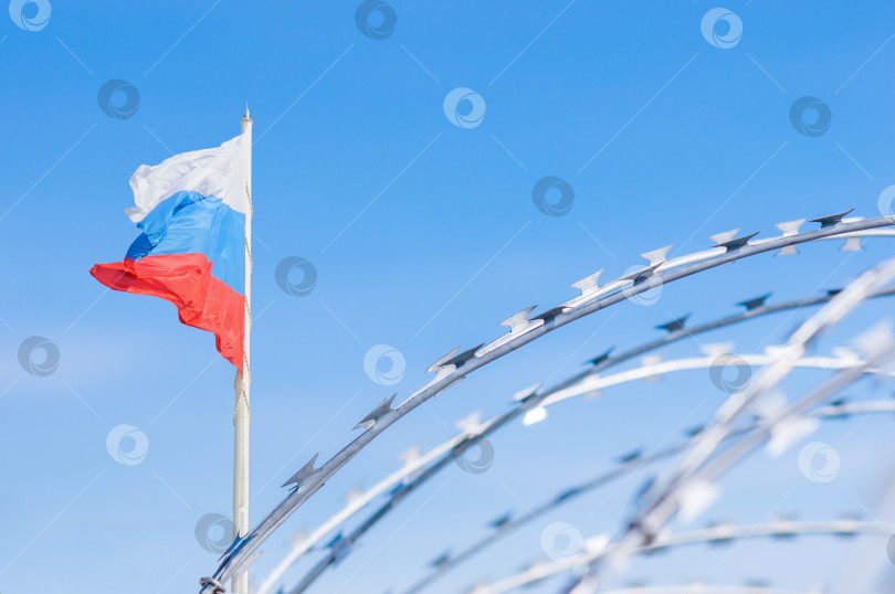 Скачать Российский флаг и колючая проволока на фоне голубого неба. фотосток Ozero