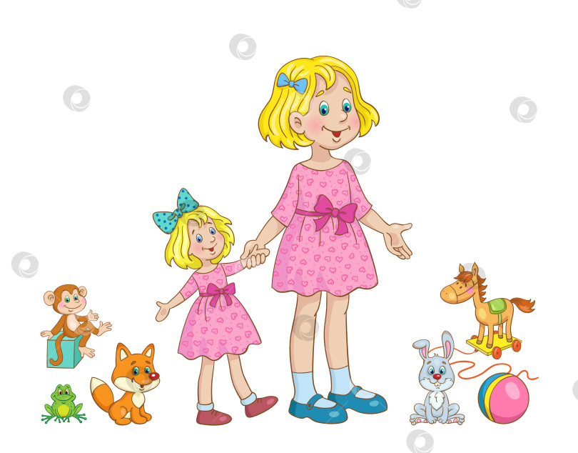 Скачать Милая маленькая девочка с большой красивой куклой, окруженная игрушками фотосток Ozero
