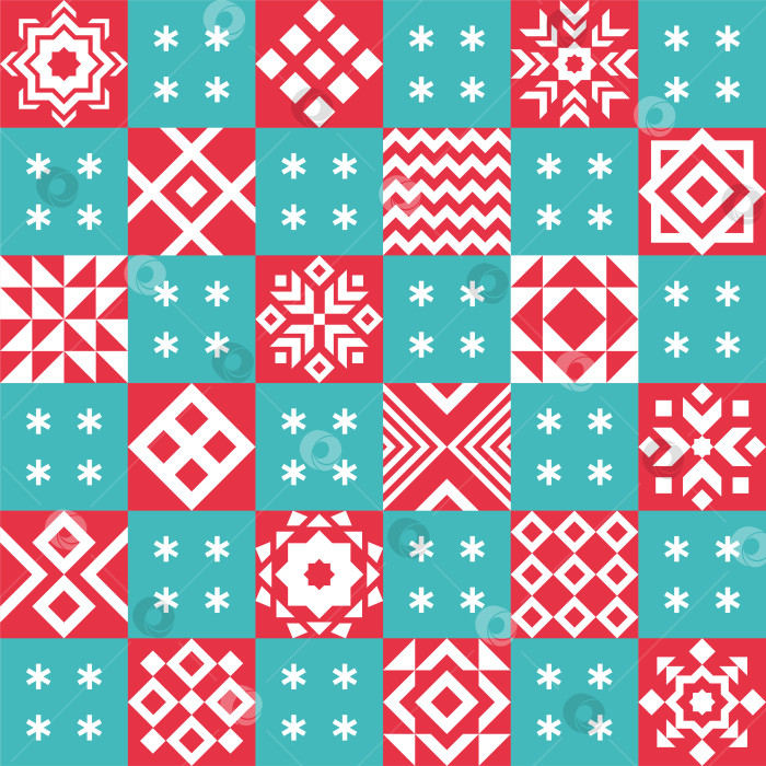 Скачать Зимний абстрактный фон с квадратными мотивами снежинок и геометрическими узорами в скандинавском стиле. Бесшовный узор, орнамент для текстиля, упаковки, оберточной бумаги, пэчворка фотосток Ozero