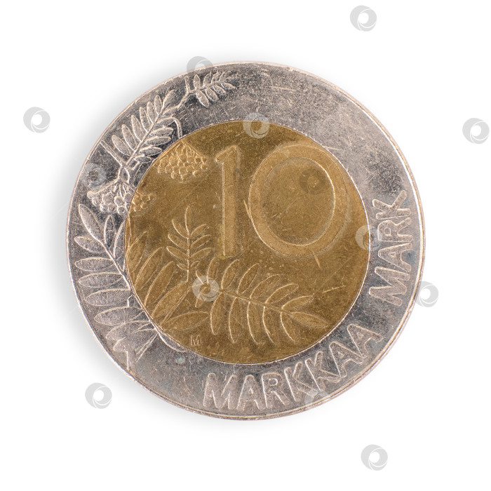 Скачать Старинная финская монета в десять финских марок, выделенных на белом фоне. Элемент дизайна с контуром отсечения фотосток Ozero