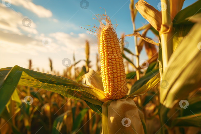 Скачать Крупный план початка спелой кукурузы в поле. Сбор урожая. фотосток Ozero
