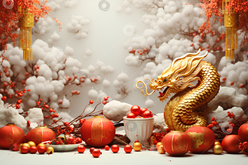 Скачать Китайский золотой дракон с красными фонариками фотосток Ozero