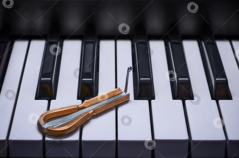 Скачать Этническая еврейская арфа лежит на клавишах пианино. Концепция истории народной музыки и старинных музыкальных инструментов. фотосток Ozero
