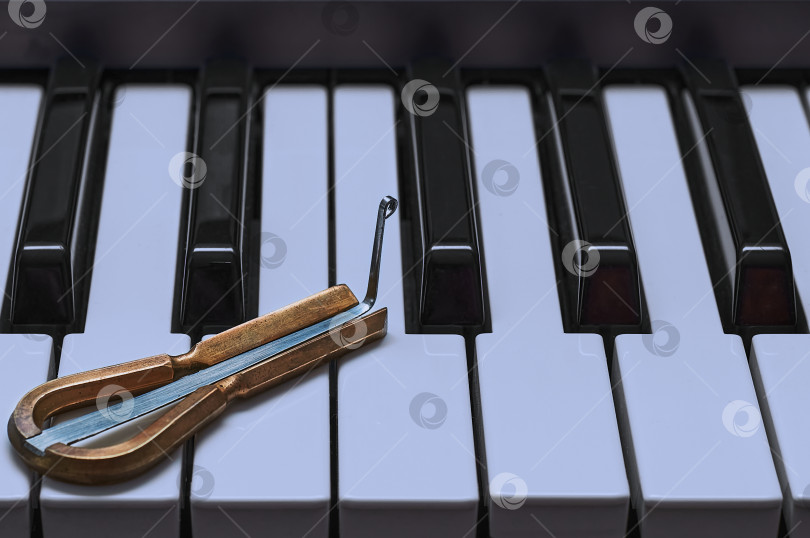 Скачать Этническая еврейская арфа лежит на клавишах пианино. Концепция истории народной музыки и старинных музыкальных инструментов. фотосток Ozero