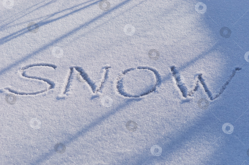 Скачать Надпись снег на ровной снежной поверхности с тенями от деревьев зимним вечером фотосток Ozero