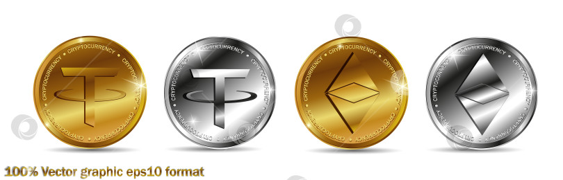 Скачать Набор монет с логотипом криптовалюты gold и silver ethereum, tether. Символ блокчейна криптовалюты, выделенный на белом фоне. Реалистичная векторная иллюстрация фотосток Ozero