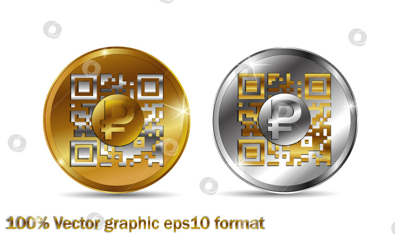 Скачать Цифровой российский рубль, цифровой рубль. Золотая монета российский рубль, qr-код фотосток Ozero