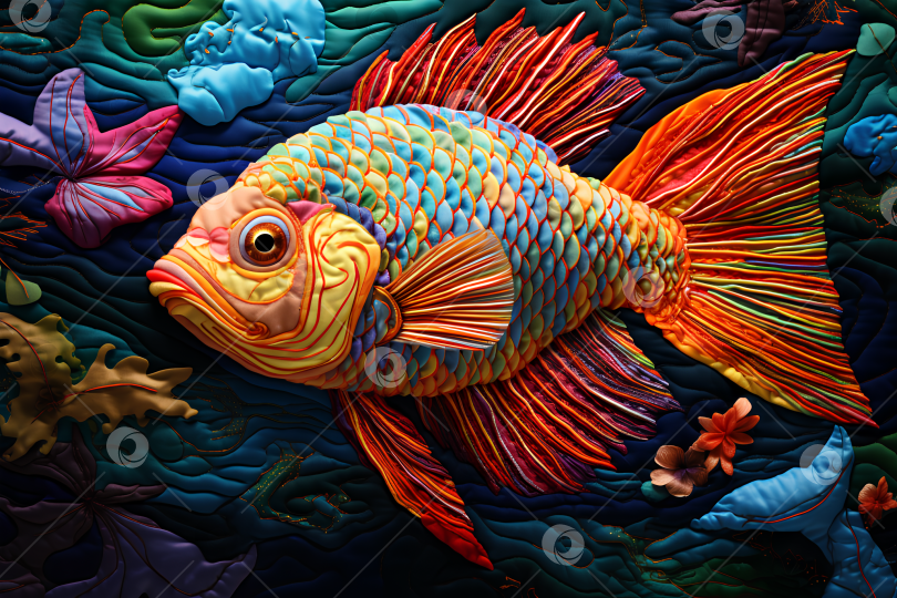 Скачать Яркая разноцветная рыба в технике квилтинг из кусочков ткани фотосток Ozero