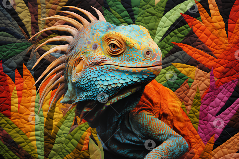 Скачать Игуана в тропических листьях в технике квилтинг ткань фотосток Ozero