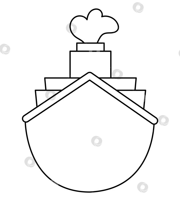 Скачать Векторный черно-белый вид спереди парохода с трубами, паром, якорем, флагом. Значок линии водного транспорта. Забавный клипарт морского транспортного корабля для детей. Симпатичная раскраска морского транспортного средства фотосток Ozero