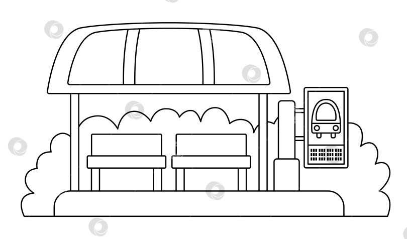 Скачать Векторный черно-белый значок автобусной остановки. Мультяшная станция ожидания общественного транспорта. Клипарт городской или сельской транспортной линии или раскраска с зеленью, скамейками, крышей и расписанием движения фотосток Ozero