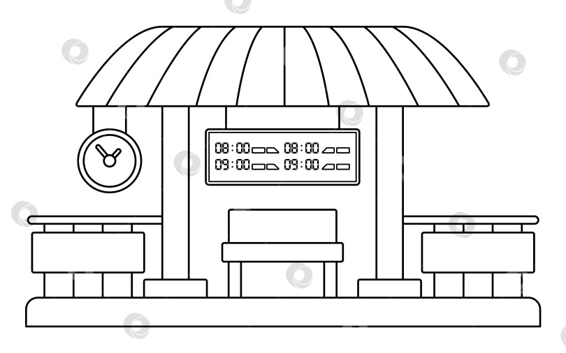 Скачать Векторный черно-белый значок линии железнодорожного вокзала. Место ожидания железнодорожного поезда. Городской или сельский транспортный клипарт или раскраска с часами, скамейкой, крышей и расписанием фотосток Ozero