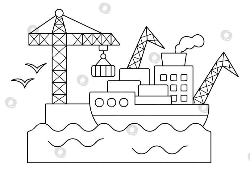 Скачать Векторный значок черно-белого морского порта. Клипарт линии терминала морской гавани с подъемными кранами, грузом, баржей. Иллюстрация морского порта или страница-раскраска. Место для городского транспорта фотосток Ozero