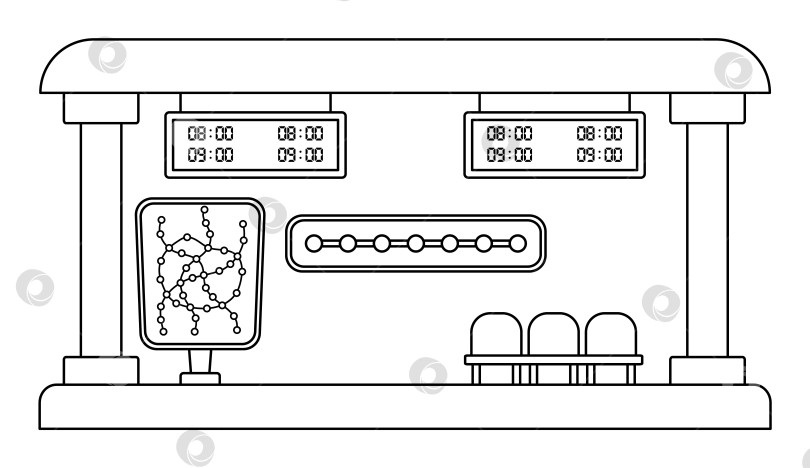 Скачать Векторный черно-белый значок станции метро. Мультяшная остановка метро. Клипарт транспортной линии городского метро или раскраска с расписанием движения кресел и картой. Симпатичный удобный пункт назначения фотосток Ozero