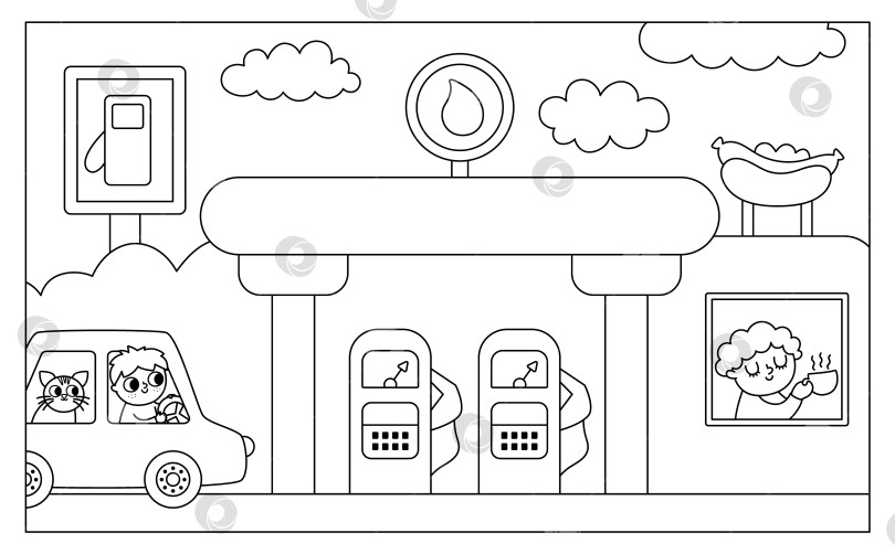 Скачать Векторная черно-белая горизонтальная сцена с мальчиком за рулем автомобиля с кошкой, прибывающим на заправочную станцию с кафе. Иллюстрация транспортной линии или раскраска. Симпатичный малыш управляет транспортом. Дорожный пейзаж фотосток Ozero