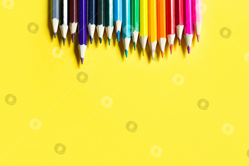 Скачать Набор разноцветных карандашей на желтом фоне. Копировальное пространство, рамка. Снова в школу, художник, уроки рисования. Канцелярские принадлежности для творчества, рисования фотосток Ozero