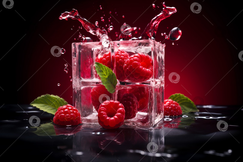 Скачать Свежие ягоды малины в кубике льда на темном фоне с красной подсветкой фотосток Ozero