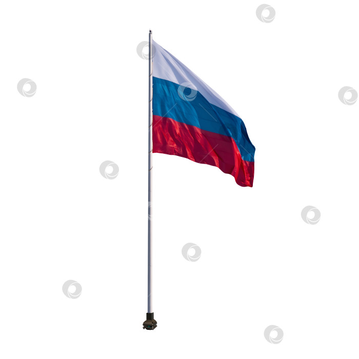 Скачать Waving Russian flag on a white background. State flag of the Russian Federation on a flagpole with a fixed base of the staff. фотосток Ozero