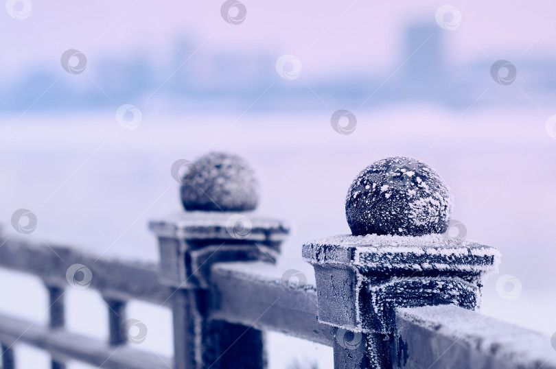 Скачать White frost on the black metal railings of the Amur river embankment on a winter morning. фотосток Ozero