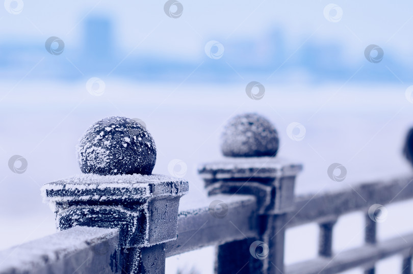 Скачать White frost on the black metal railings of the Amur river embankment on a winter morning. The texture of a natural phenomenon. Close up. Selective focus фотосток Ozero